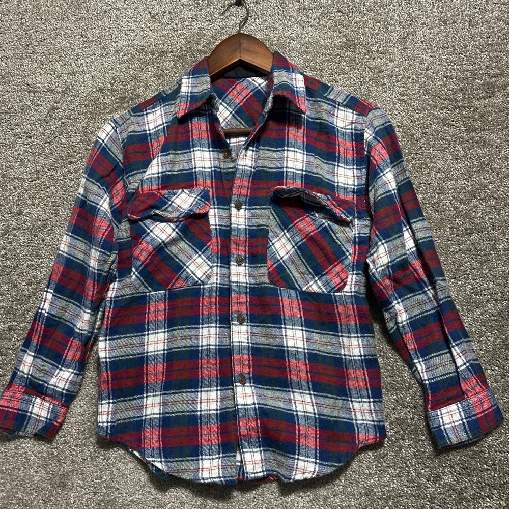 Bugle Boy Ramie Cotton Blue Red Plaid Button Up Shirt Long Sleeve Youth Sm. 8/10